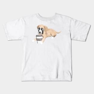 Boxer Dog With Cup Of Coffee Kids T-Shirt